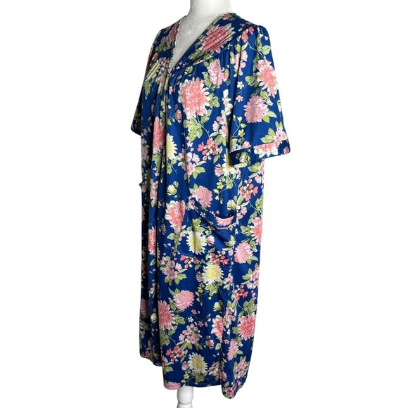 Anthony Richards Blue Floral Housecoat Pockets Medium Short Sleeve Lightweight - Picture 3 of 6